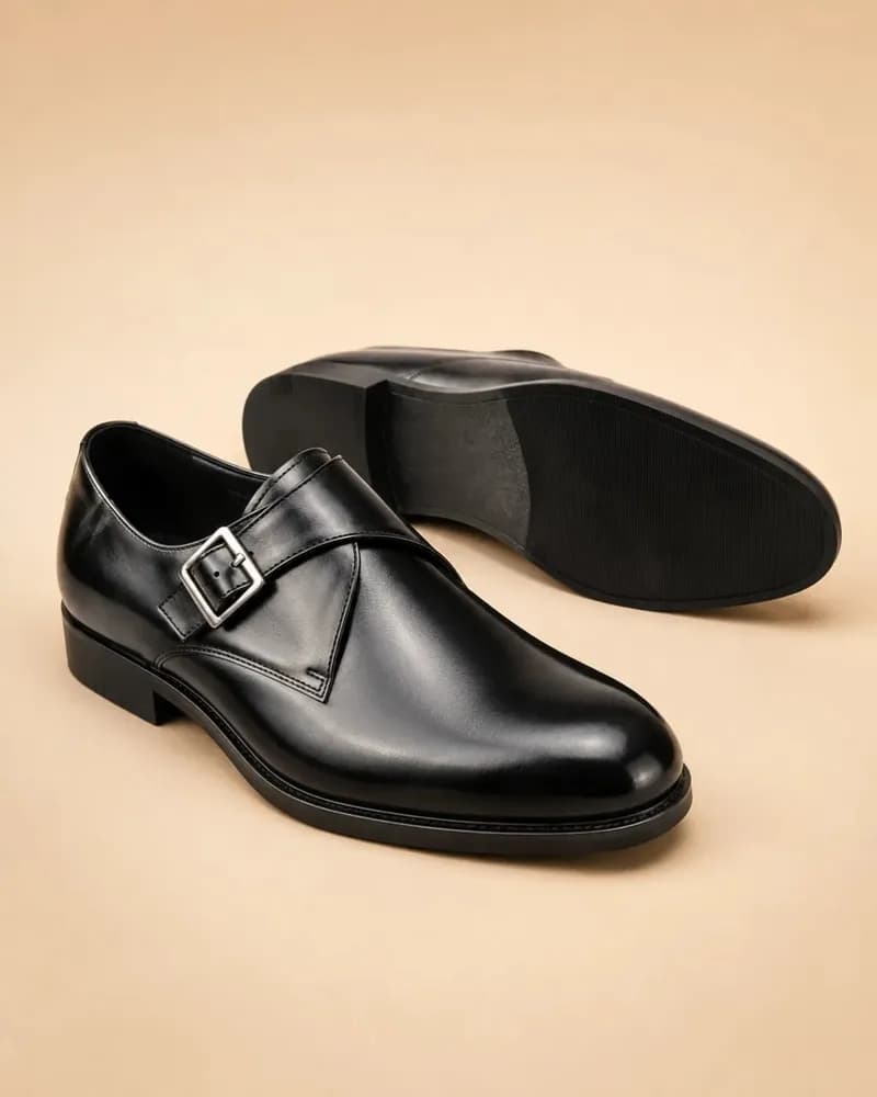 Men's Single Monk Strap Shoes Black Leather Formal