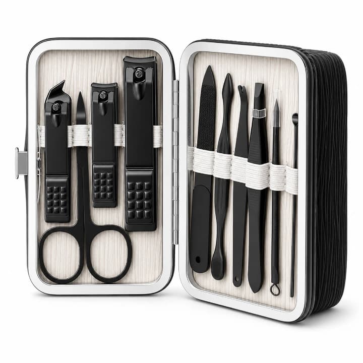 Manicure Set Nail Clippers Kit Professional Stainless Steel Nail Care Tools with Leather Travel Case 10 in 1 Black