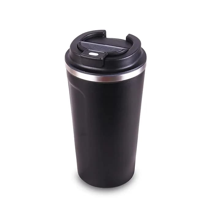 travel coffee thermos flask in black.