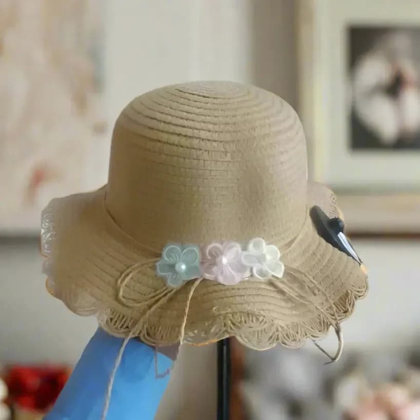 Beige Floral Straw Hat with Scalloped Edge