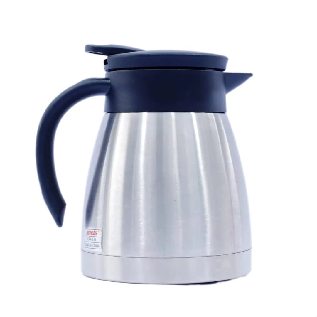 stainless steel vacuum insulated coffee carafes, commonly found in silver with a black plastic handle and lid.