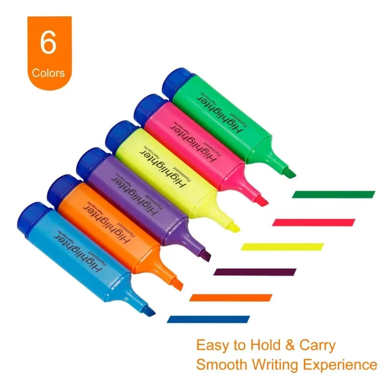 Set of 6 Color Highlighter Pens for School Office Smooth Marker Set
