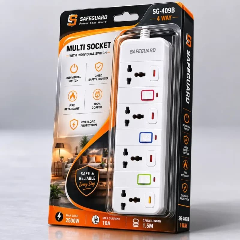 4 Way Multi Socket Extension with Individual Switch Safeguard Sg 409B 2500W Solution