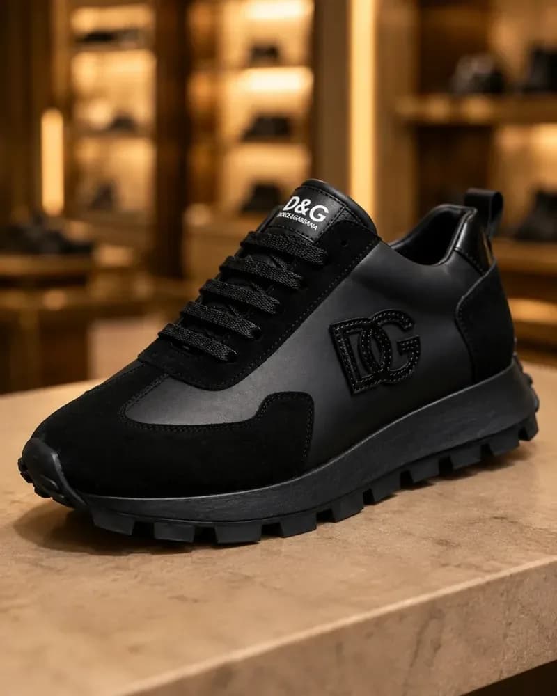 Men's Black Leather Sneakers Suede Trainer Shoes
