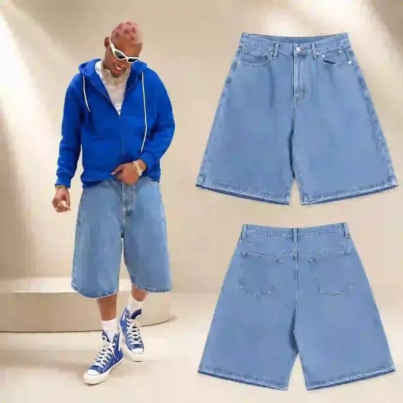 Men's Baggy Denim Bermuda Shorts Light Blue Oversized Knee Length Jean Shorts
