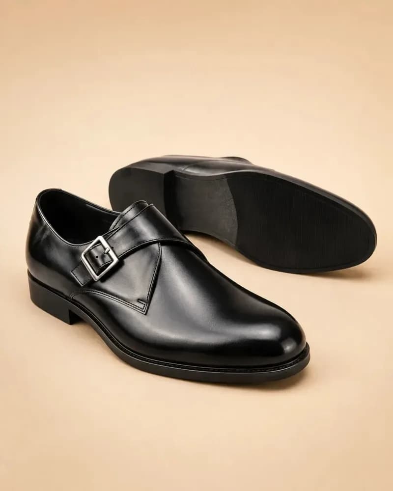 Men's Single Monk Strap Shoes Black Leather Formal