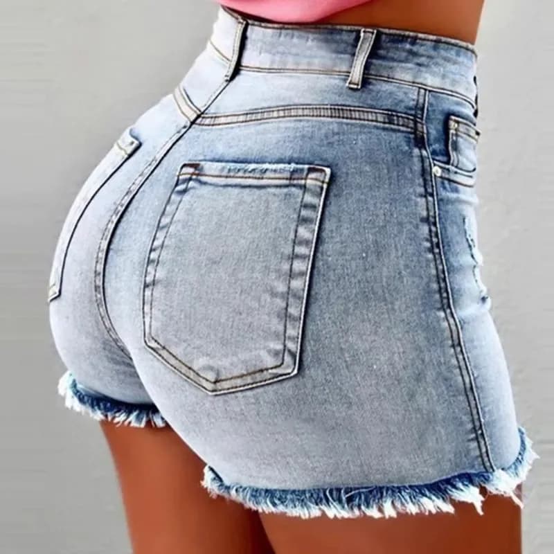 Retro Distressed Ripped Edge Women Shorts High Waist Washed Butt Lifted Slim Fit Side Pockets Casual Club Party Short Pants