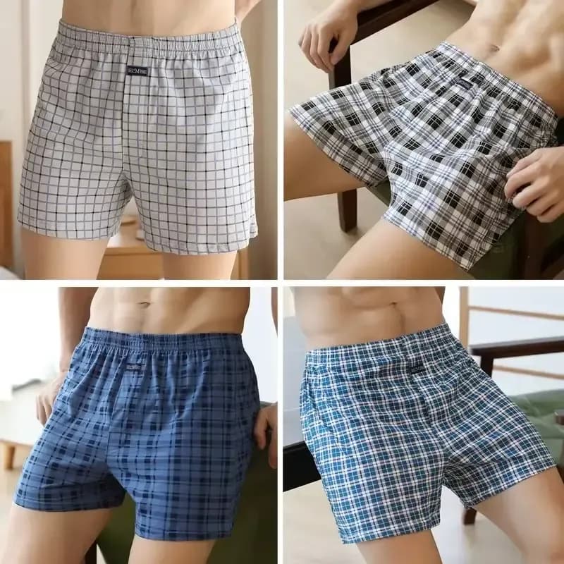 4PCS Men Cotton Boxers Shorts Comfortable Plaid Loose Fit Underwear Mid Waist Breathable Homewear
