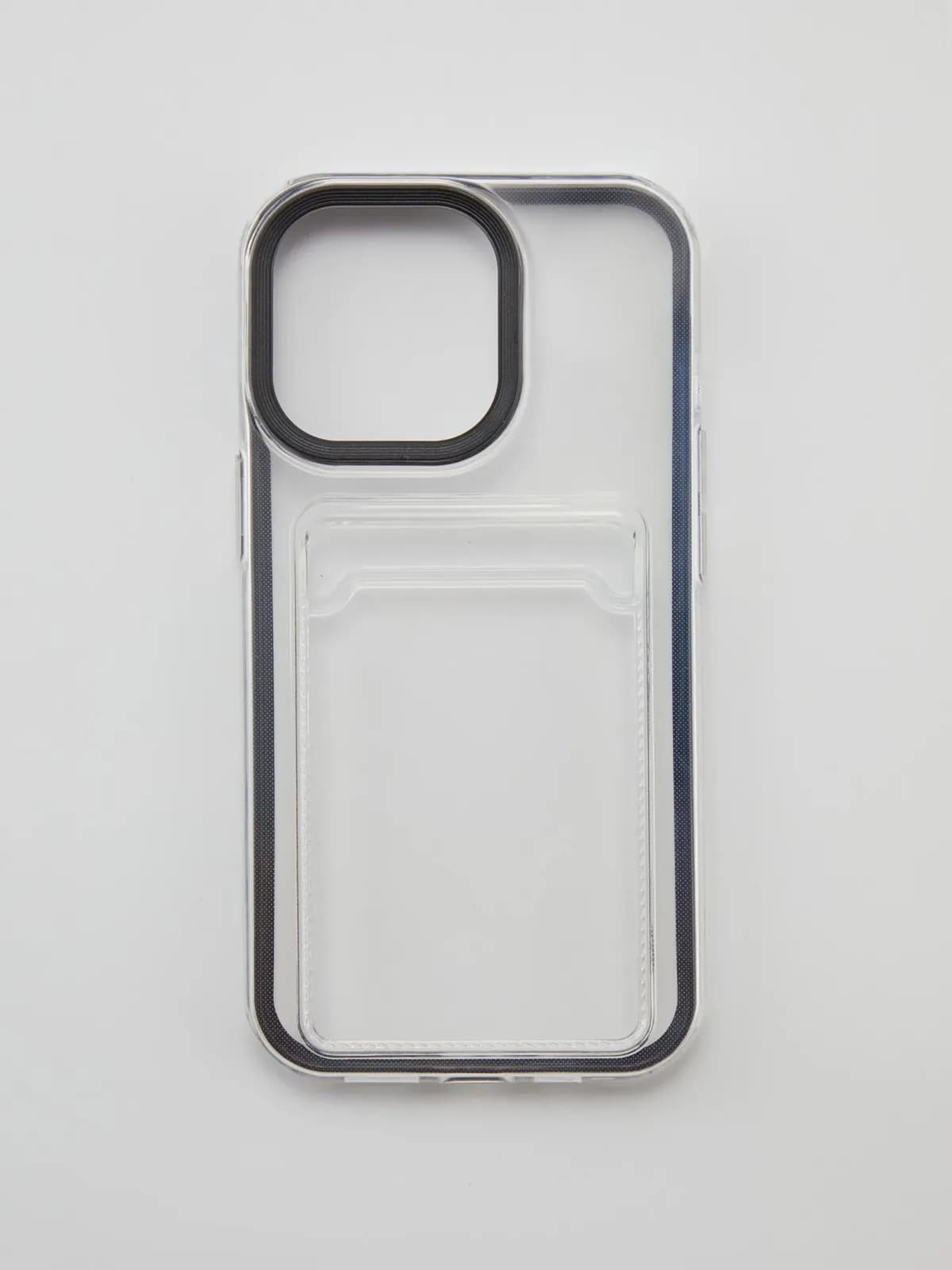 transparent TPU phone case with a built-in card holder for an iPhone.