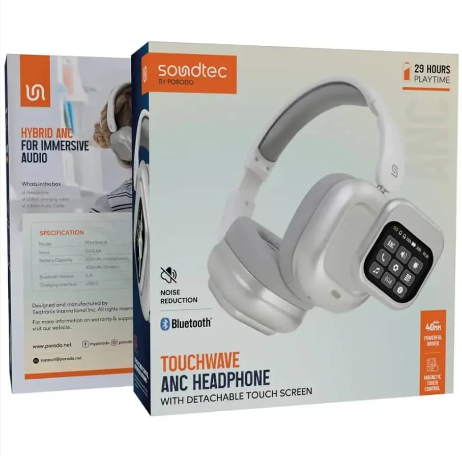 Porodo soundtech touchware ANC Headphone in white featuresing a detachable touch screen.