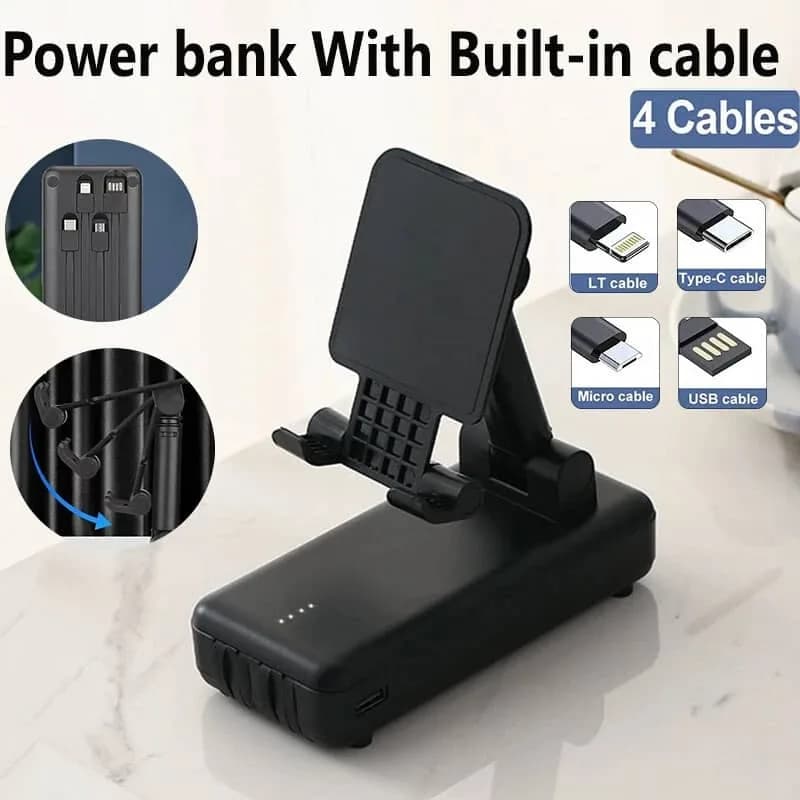 10000mAh portable power bank that features a built-in mobile phone stand .