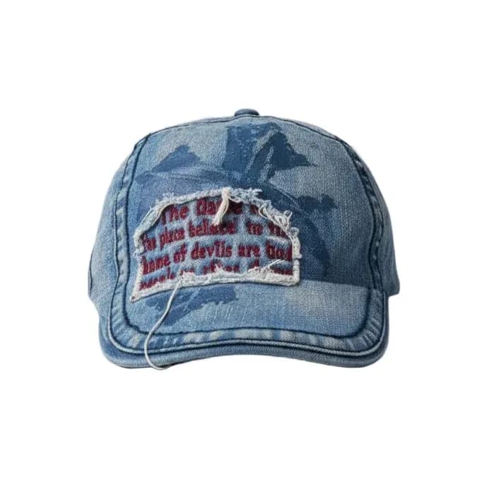Distressed Denim Flat Cap with Graphic Patch