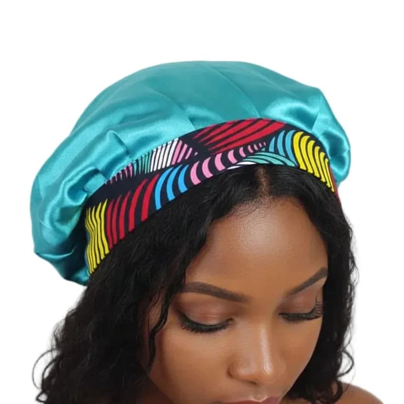 Turquoise Satin-Lined Ankara Bonnet with Tie