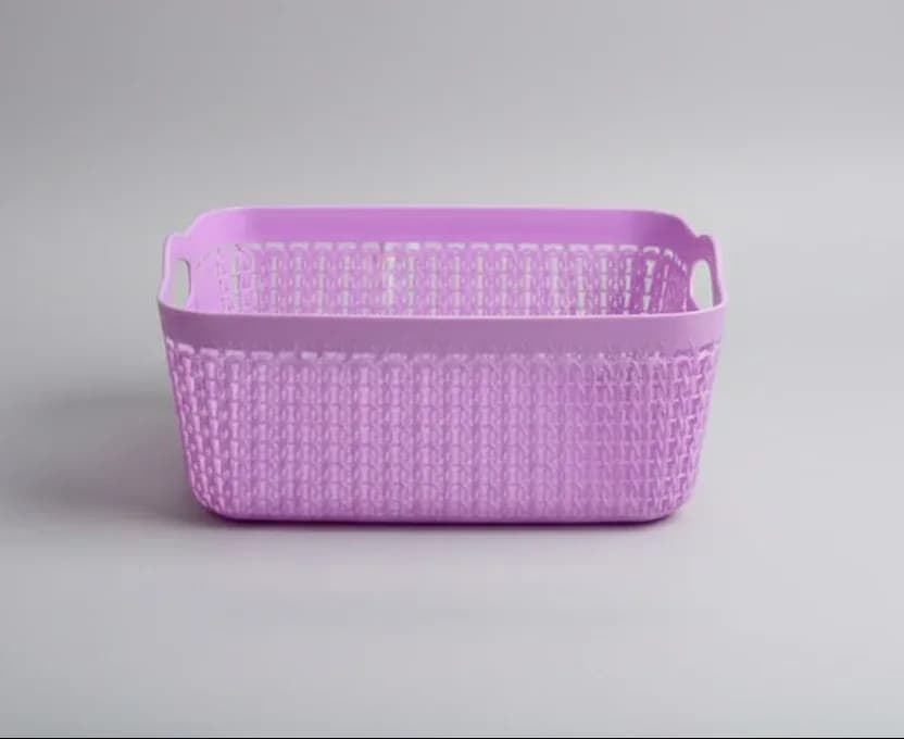 Pink Plastic Rectangular Storage Basket with Woven Rattan Design and Handles