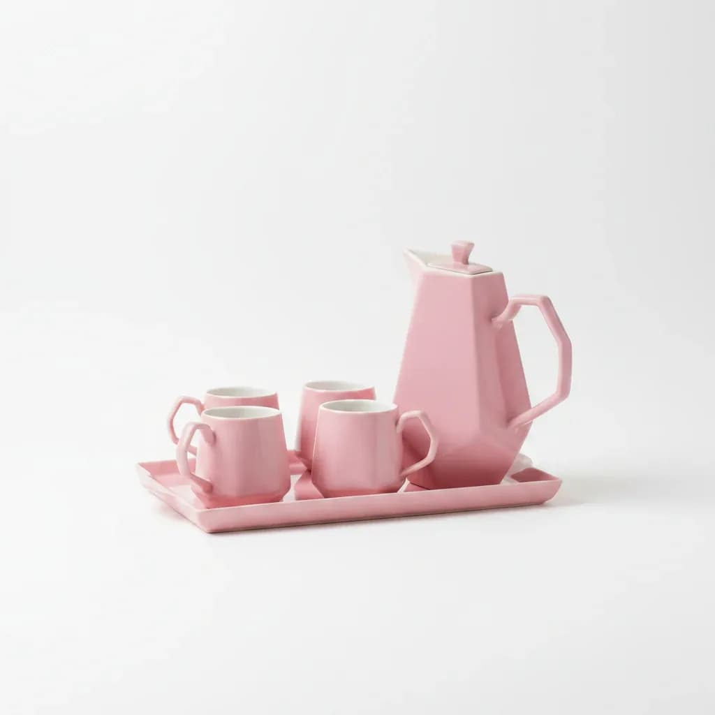 Ceramic Tea and Coffee Set with Serving Tray (Pink)
