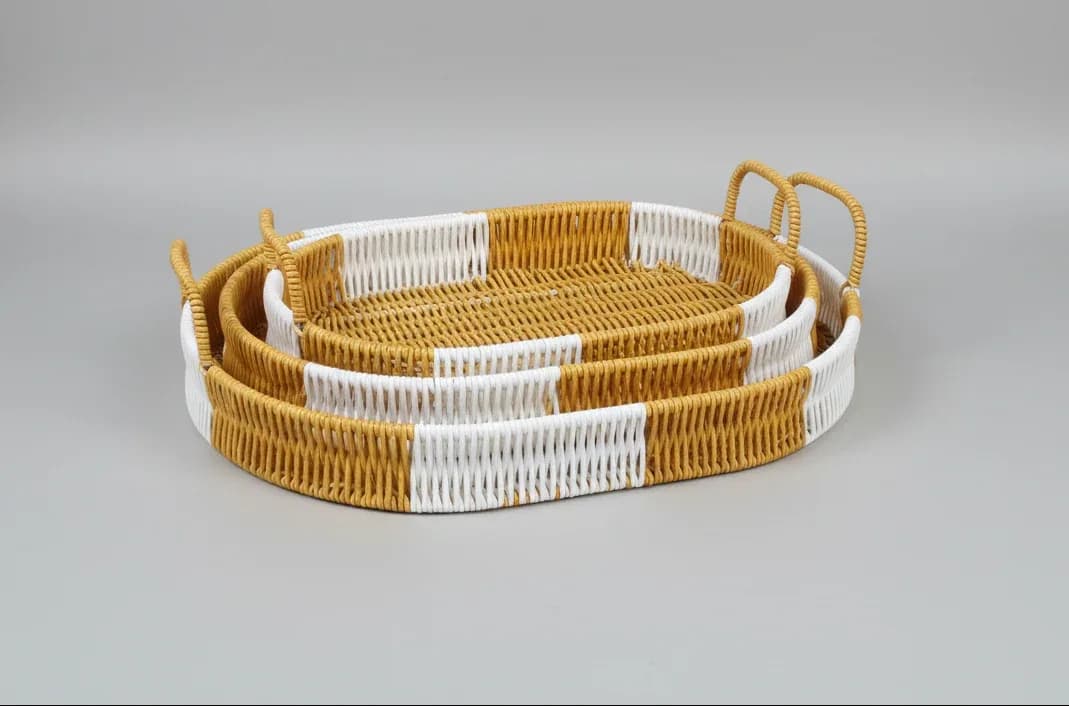 Set of 3 Handwoven Oval Serving Trays with Handles – Durable Rattan-Style Polypropylene