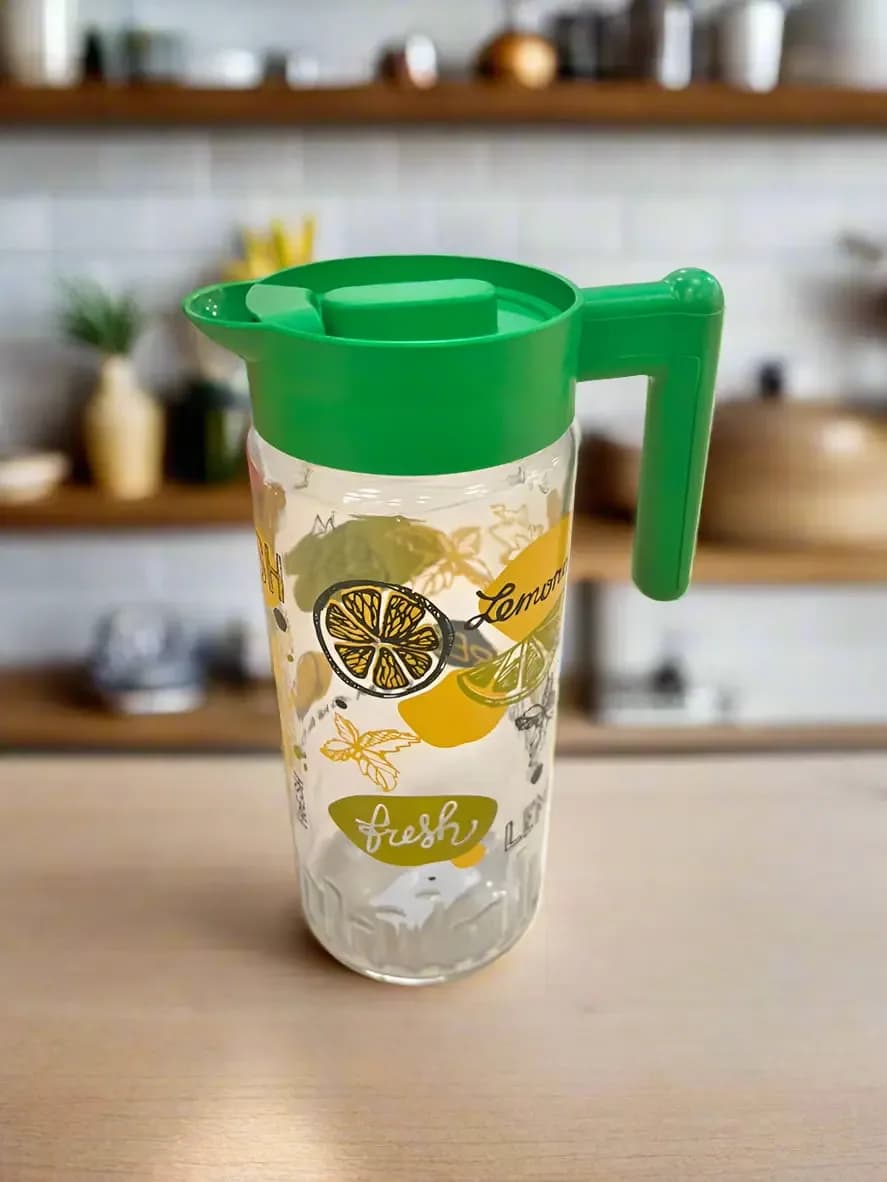 Herevin Lemon-Print Glass Jug with Green Lid and Handle – 1.46L