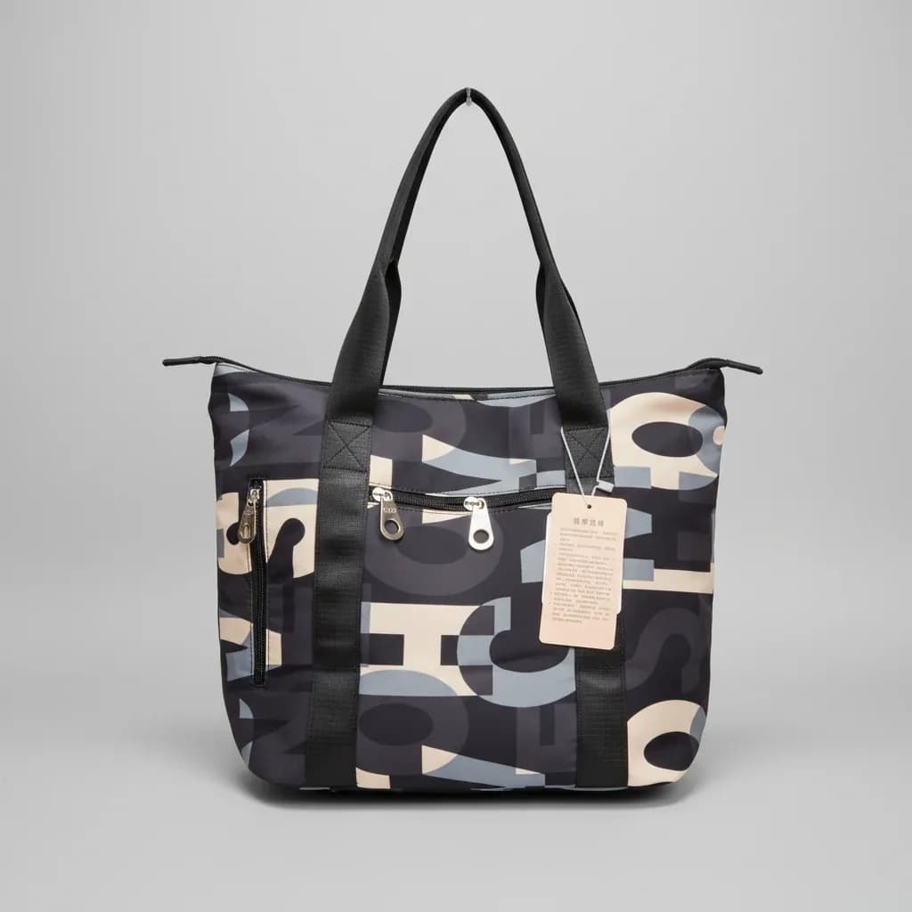 Abstract Typographic Print Nylon Tote Bag