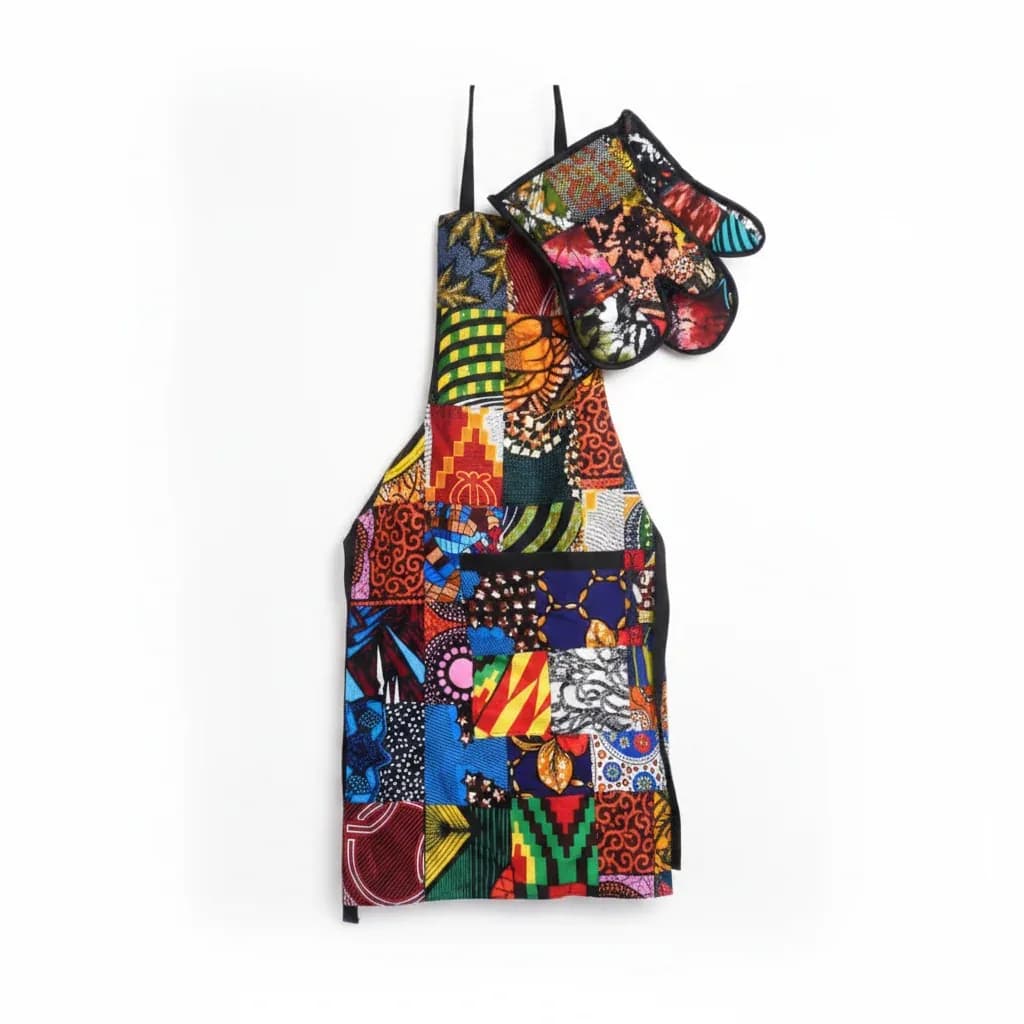 A colorful African Mix Kitenge Apron and Pot Holder
