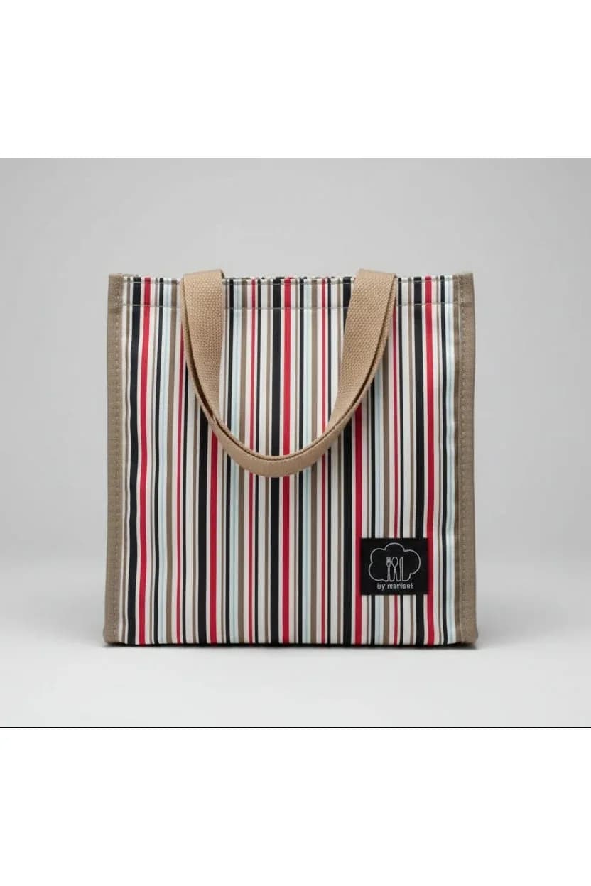 Striped Insulated Lunch Tote Bag with Beige Handles