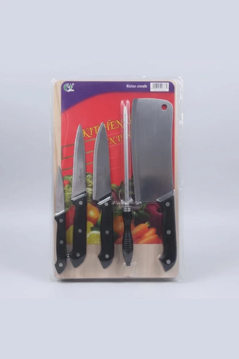 6-in-1 Kitchen Knife Set with Wooden Cutting Board – Stainless Steel Blades