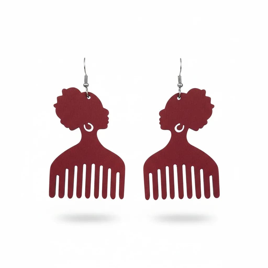Afro Pick Silhouette Wooden Dangle Earrings