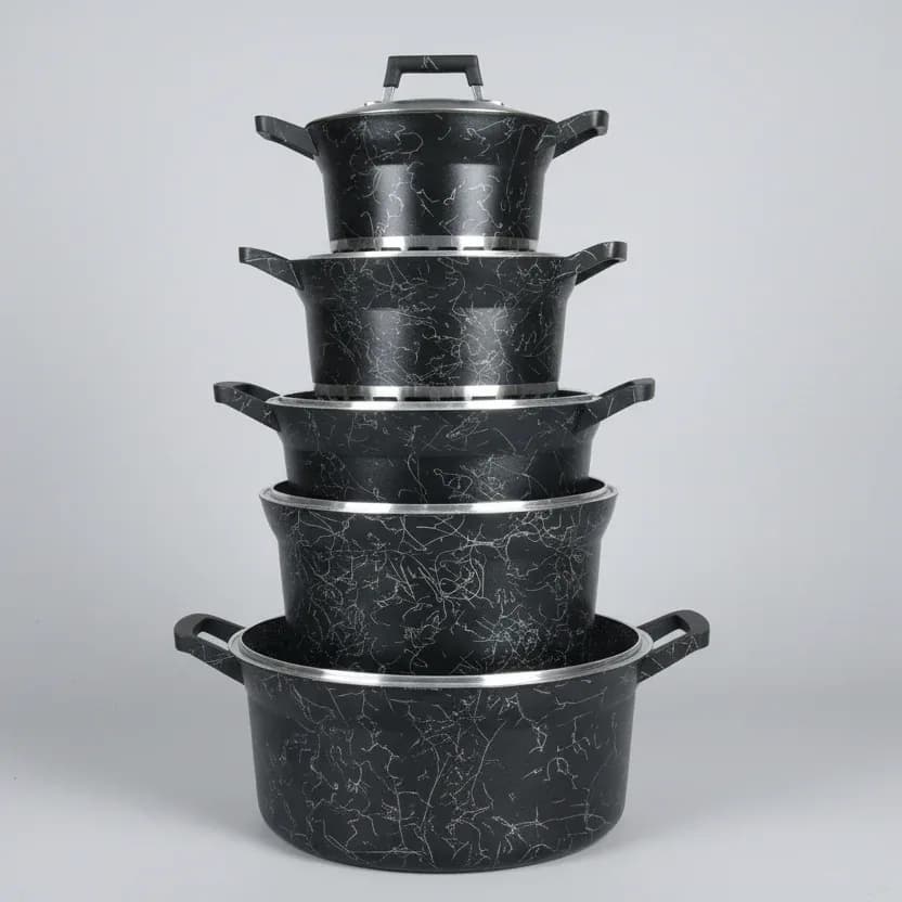 Marble-Pattern Non-Stick Cookware Set with Lids – Durable Cooking Pots Set 5pcs