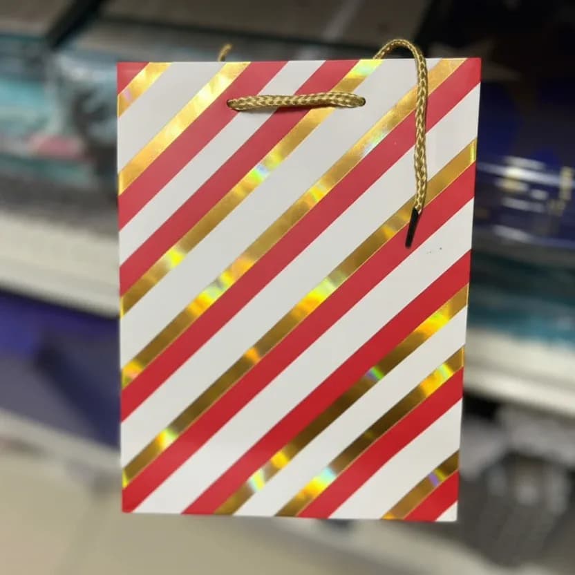 Red and Gold Diagonal Striped Gift Bag (31 × 32 × 10 cm)