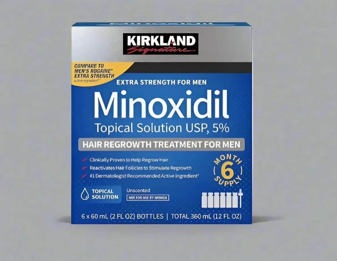 Kirkland Signature Minoxidil Topical Solution USP 5%.