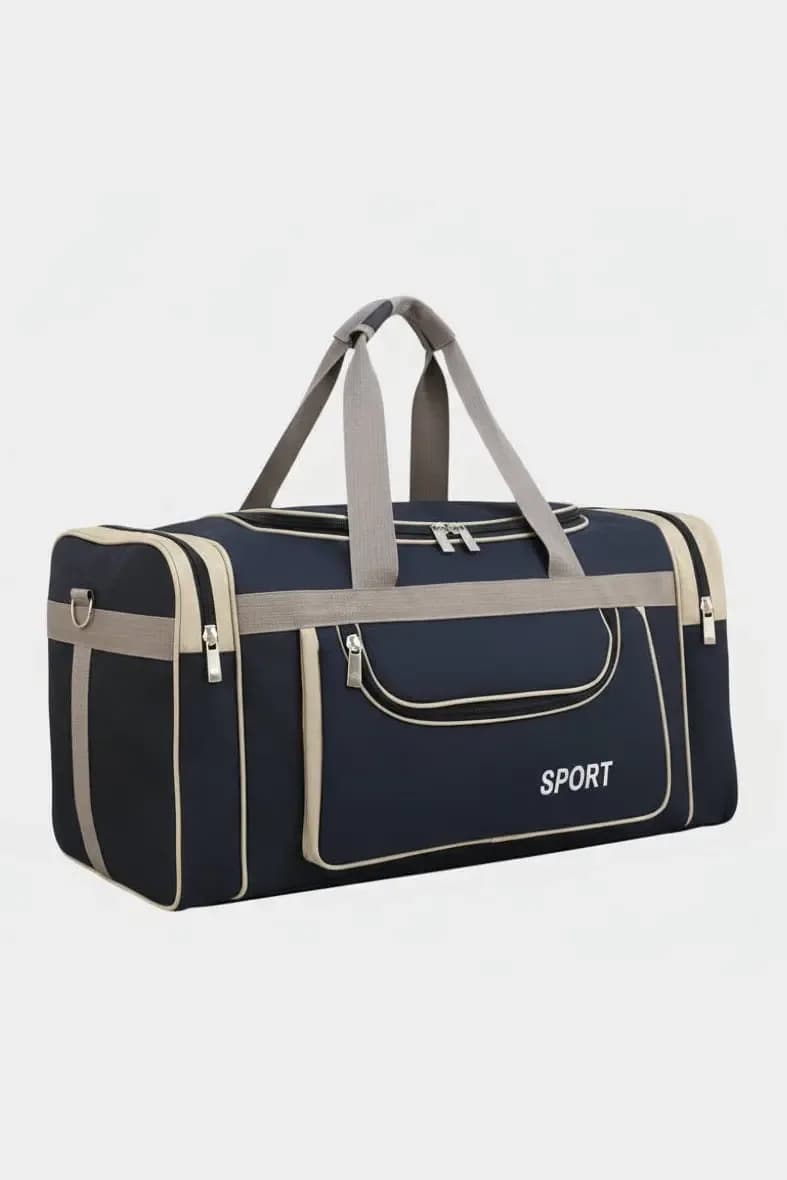 Large SPORT Navy Blue Travel Duffel Bag with Beige Trim