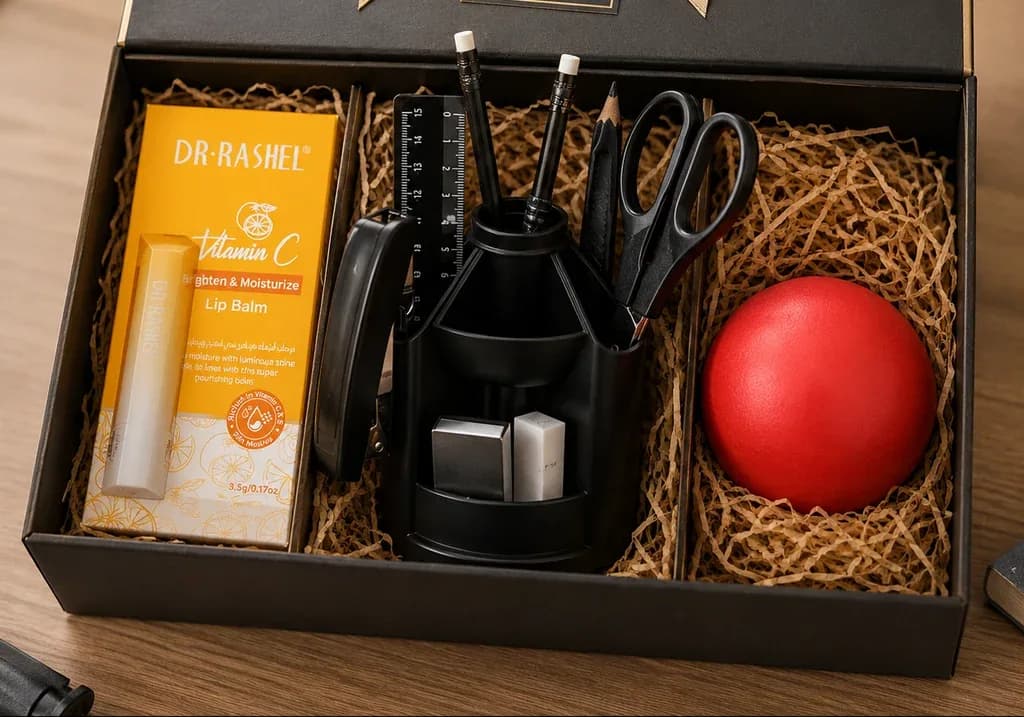Office Essentials Gift – Desk Organizer, Dr. Rashel Lip Balm & Stress Relief Ball