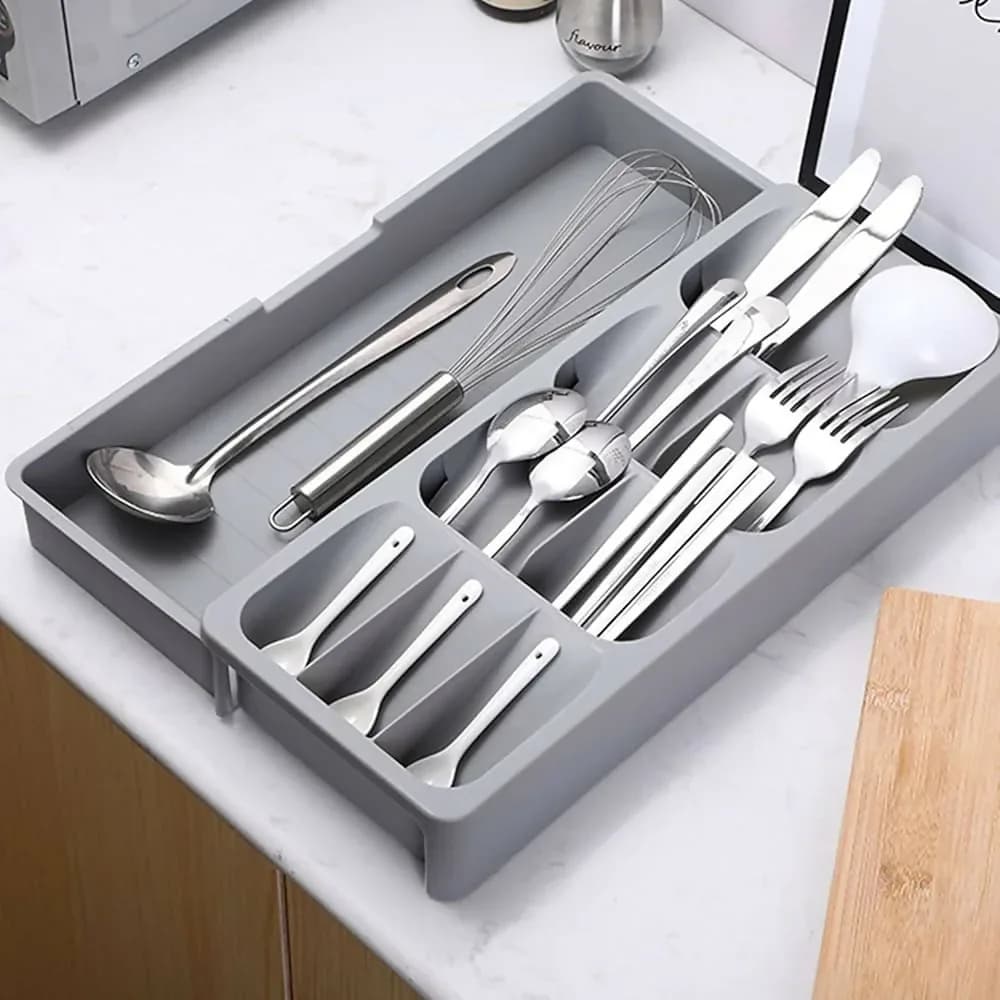 Expandable Kitchen Cutlery Drawer Organizer Tray (Multi-Compartment, Grey