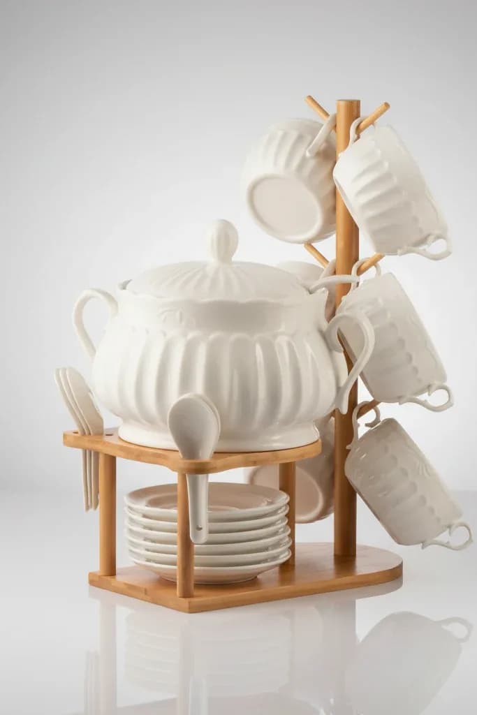 White Scalloped Ceramic Soup & Appetizer Set with Bamboo Stand