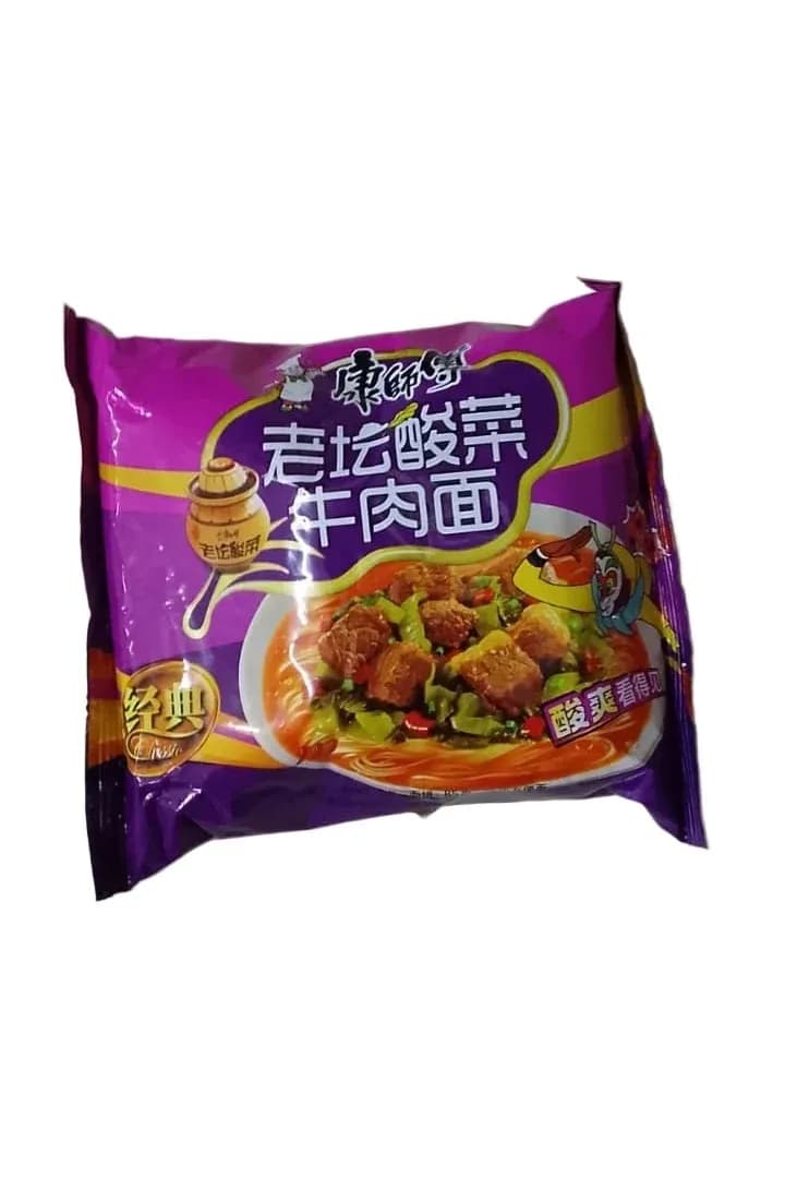The image shows a package of Master Kong (Kang Shi Fu) Roasted Beef Noodles with Sauerkraut.
