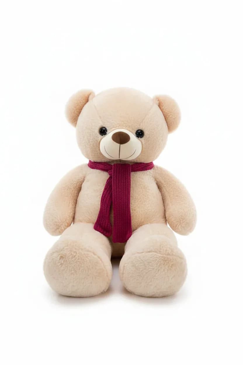 Plush Beige Teddy Bear with Knitted Magenta Scarf