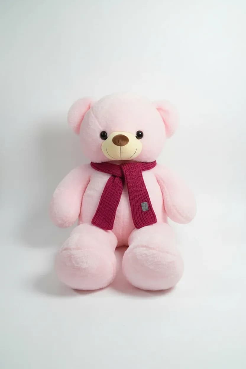 Plush Pink Teddy Bear with Knitted Magenta Scarf