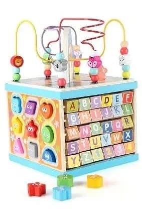 Wondertoys 5-in-1 Multi-Purpose Toy ABC-123 Abacus Pearl Labyrinth Shape Sorter Baby Activity Cube Toy