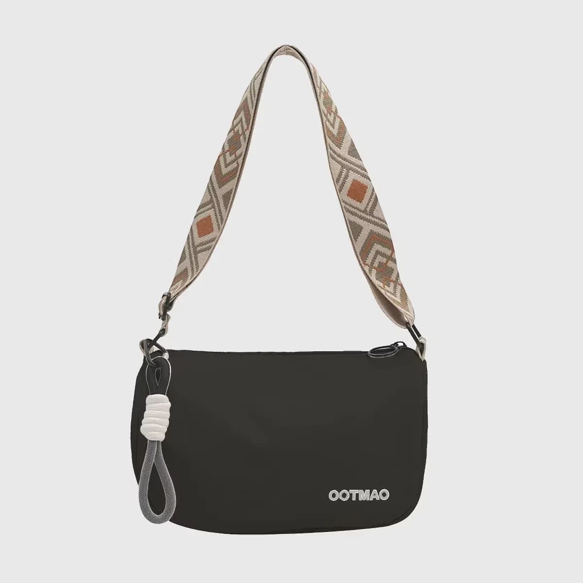 OOTMAO Black Nylon Messenger Bag with Patterned Strap