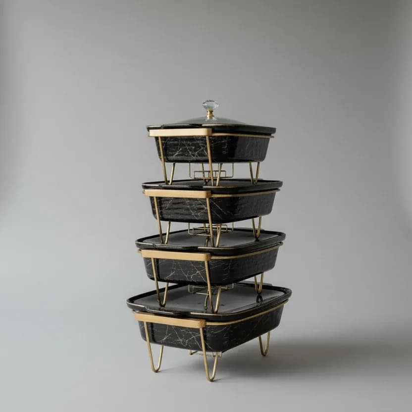 Black Marble Ceramic Chafing Dish Set with Gold Accents 5/Pieces