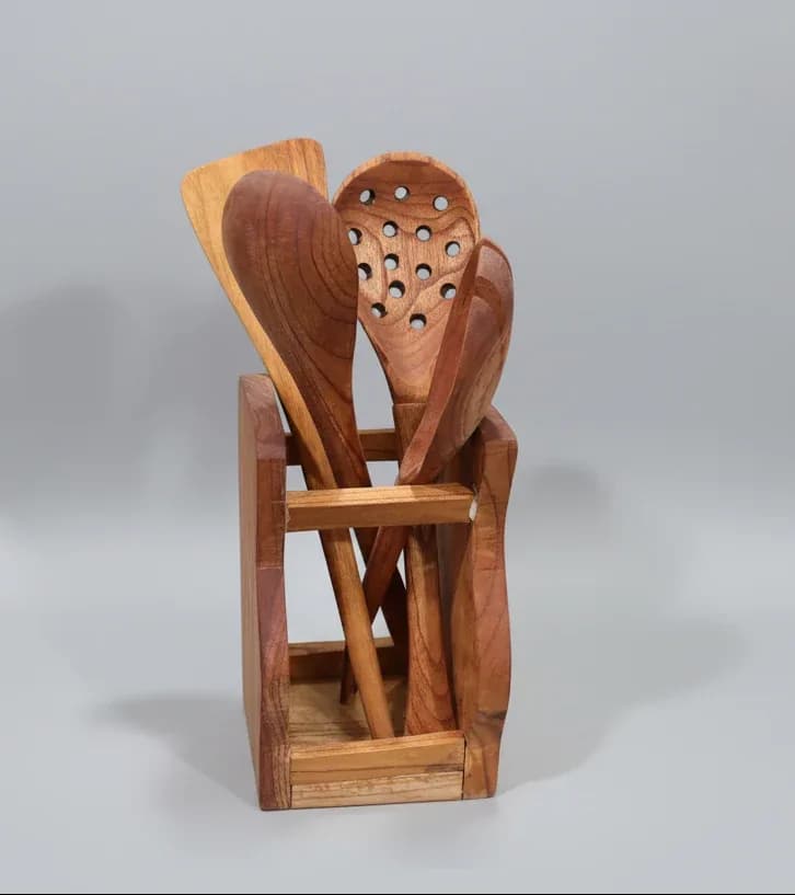Wooden Kitchen Utensil Set with Holder – Cooking and Serving Spoons & Spatulas