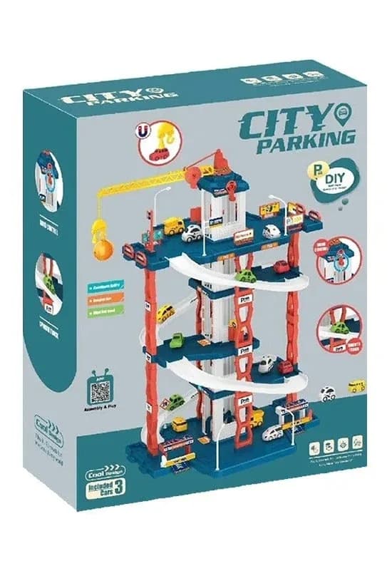 City Parking Toy Garage Playset – 5-Level Car Track with Crane Lift & Mini Cars
