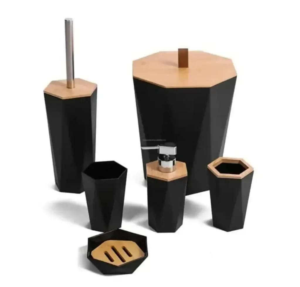 Plastic Bathroom Accessories covered with wood material 6pcs