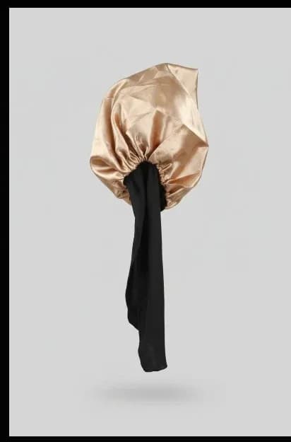 Premium Satin Hair Bonnet with Long Tie Band (Champagne Gold / Black)