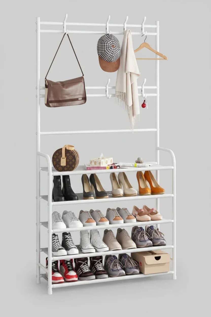 Multi-Functional Metal Coat Rack and Shoe Organizer Stand