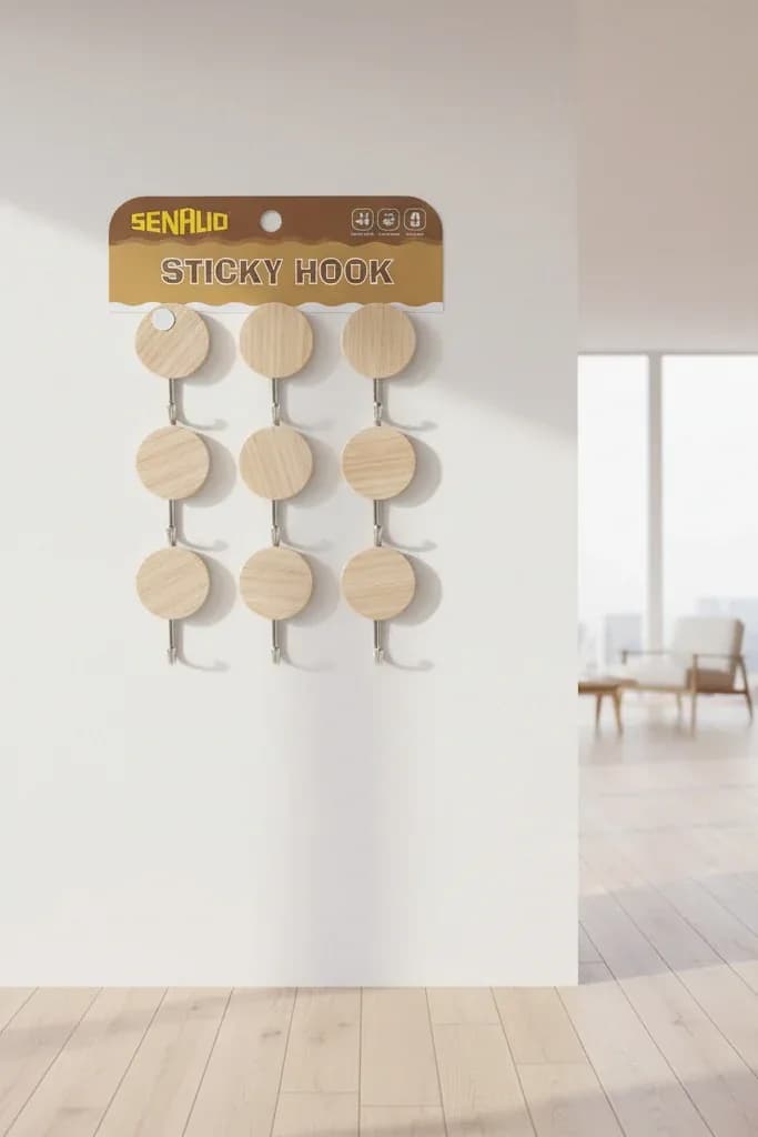 SENHUO Wood Grain Adhesive Sticky Hooks (9-Piece Set)