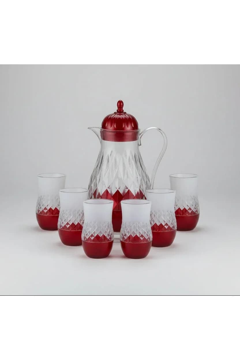 JIE HUIOMEI Glass Water Jug and Glass Set – 7-Piece Red Base Design
