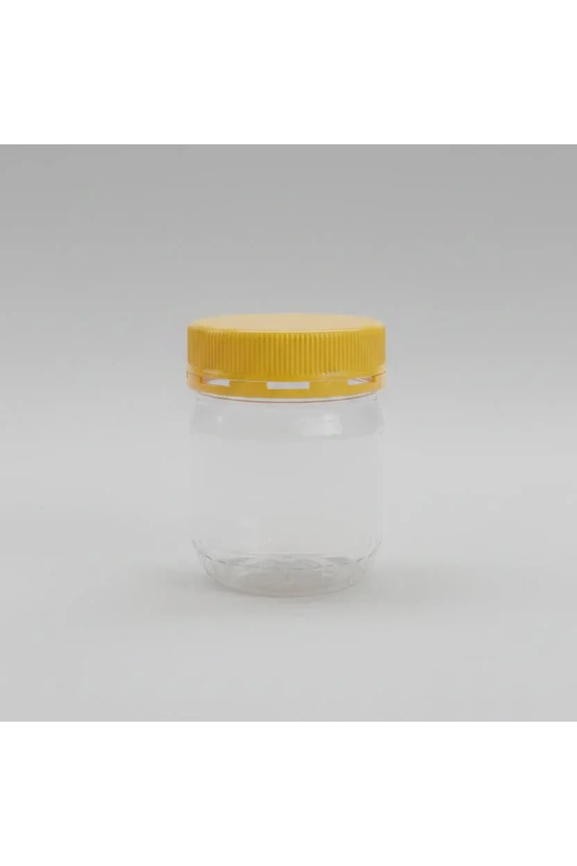 Small Round Clear Plastic Storage Jar with Yellow Lid 250g