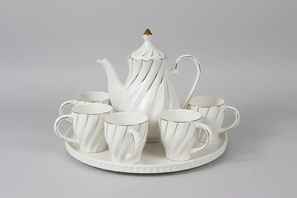 White & Gold Ceramic Teapot and Cup Set with Serving Tray 7pcs