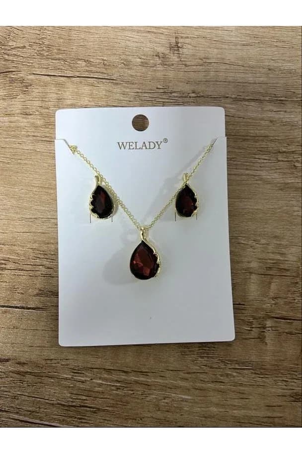 WELADY® Gold-Toned Necklace & Earrings Set with Red Garnet Teardrop Pendants