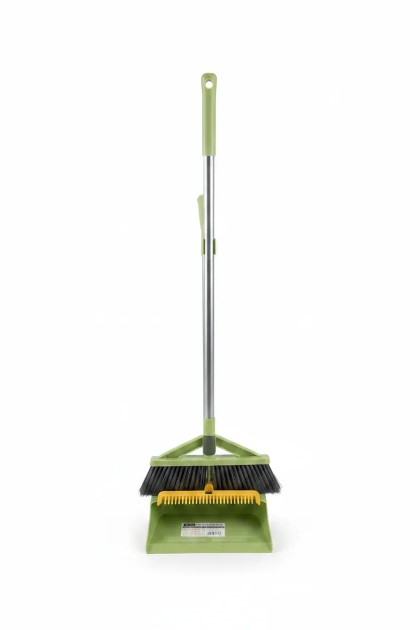Heavy-Duty Handled Broom and Dustpan Set with Integrated Scraper